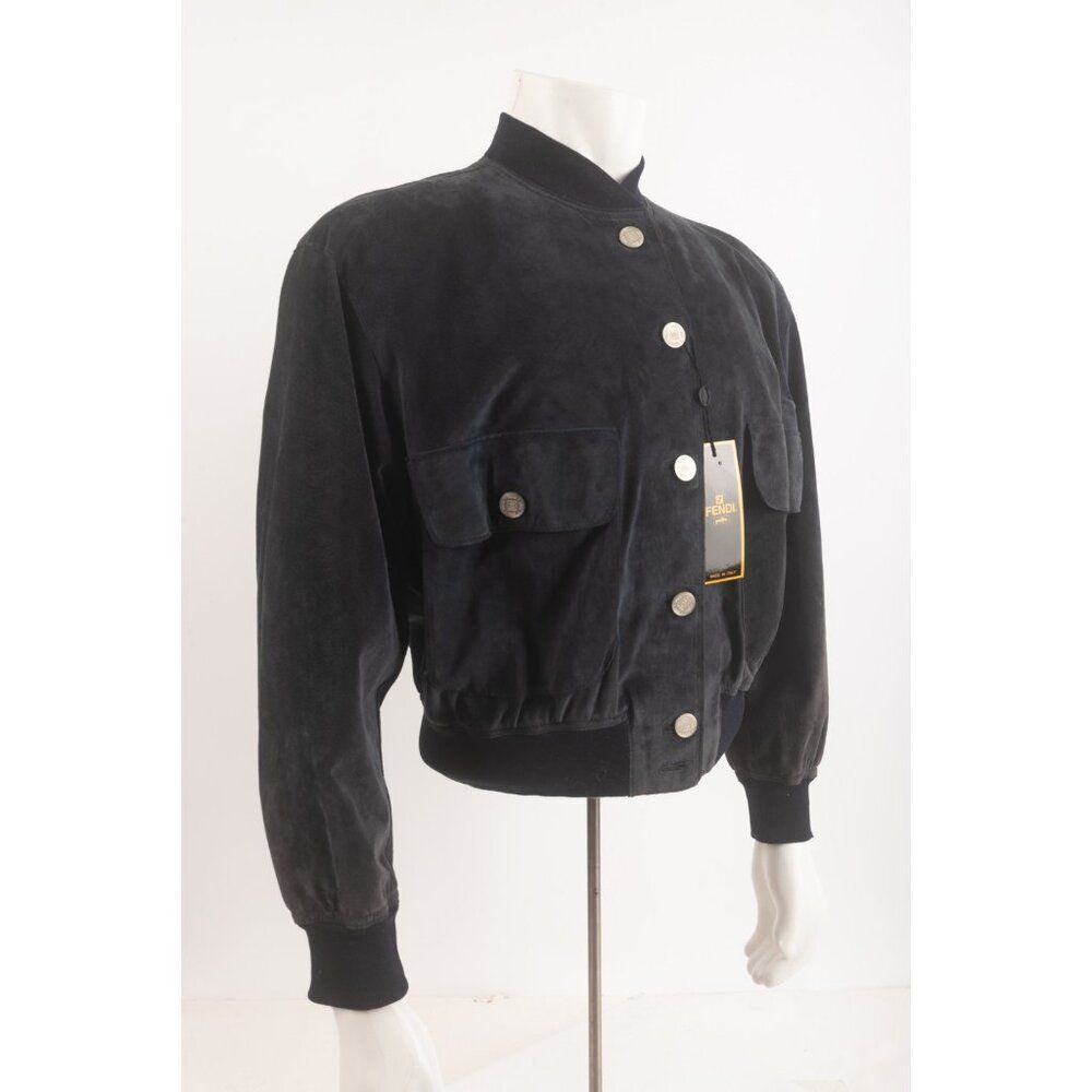 Vintage Fendi Suede Bomber Jacket Moto Leather SZ 42 Medium Navy Blue Logo NWT - Picture 2 of 11